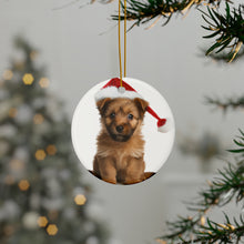 DistinctInk Hanging Ceramic Christmas Tree Ornament with Gold String - Great Gift/Present - 2 3/4 inch Diameter - Australian Terrier Puppy Design