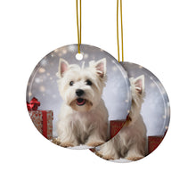 DistinctInk Hanging Ceramic Christmas Tree Ornament with Gold String - Great Gift/Present - 2 3/4 inch Diameter - West Highland White Terrier Design