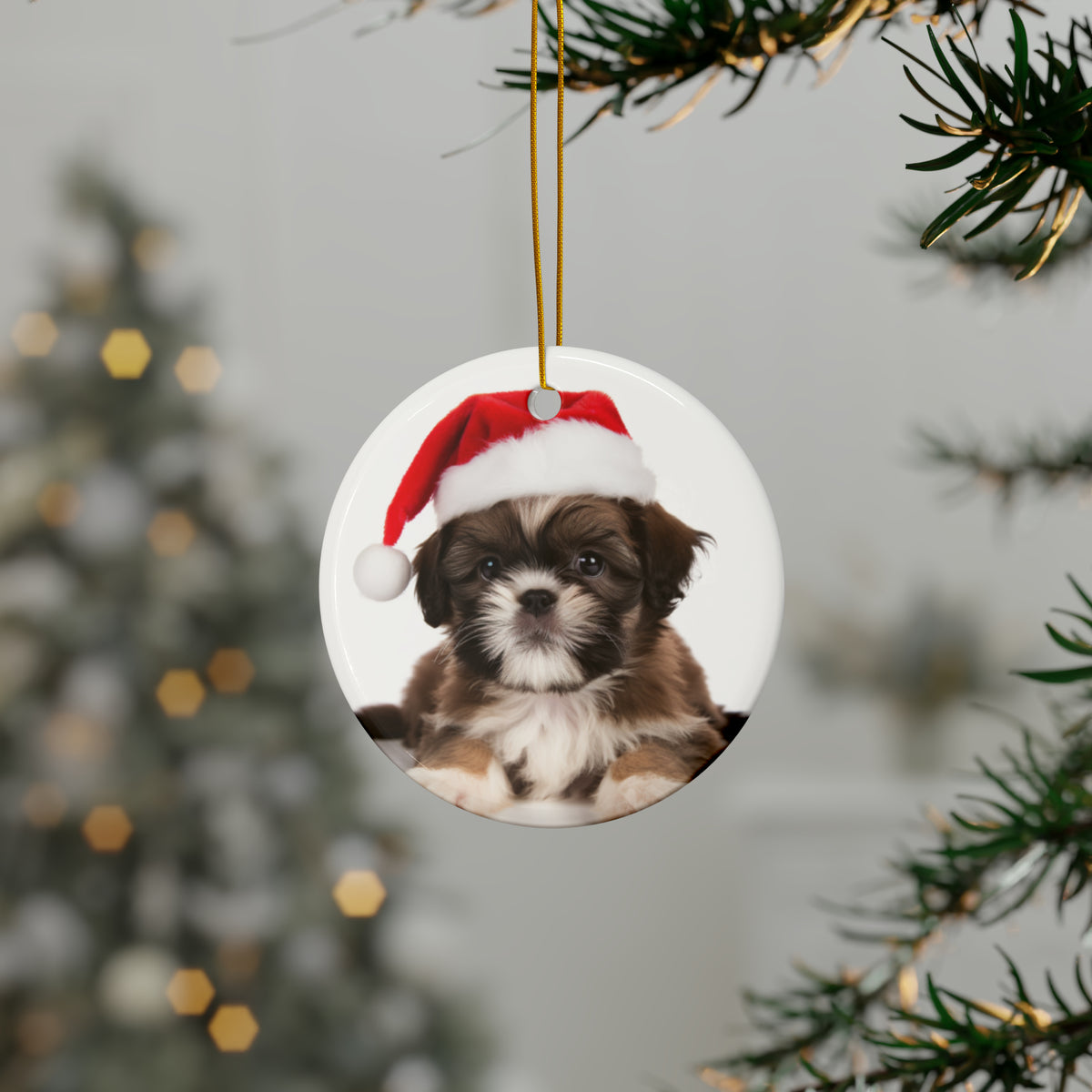 Hanging Ceramic Christmas Tree Ornament with Gold String - Shih Tzu Puppy Design, view 3