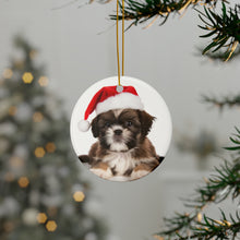DistinctInk Hanging Ceramic Christmas Tree Ornament with Gold String - Great Gift/Present - 2 3/4 inch Diameter - Shih Tzu Puppy Design