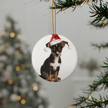 DistinctInk Hanging Ceramic Christmas Tree Ornament with Gold String - Great Gift/Present - 2 3/4 inch Diameter - Toy Fox Terrier Puppy Design