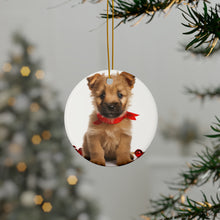 DistinctInk Hanging Ceramic Christmas Tree Ornament with Gold String - Great Gift/Present - 2 3/4 inch Diameter - Norwich Terrier Puppy Design