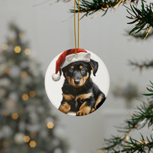 DistinctInk Hanging Ceramic Christmas Tree Ornament with Gold String - Great Gift/Present - 2 3/4 inch Diameter - Beauceron Puppy Drawing Design
