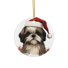 DistinctInk Hanging Ceramic Christmas Tree Ornament with Gold String - Great Gift/Present - 2 3/4 inch Diameter - Shih Tzu Puppy Drawing Design