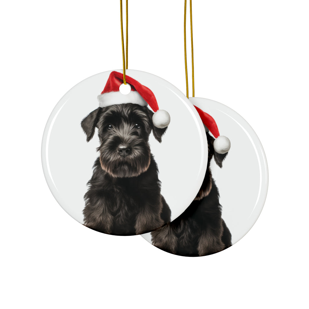 Hanging Ceramic Christmas Tree Ornament with Gold String - Giant Schnauzer Puppy Design, view 2