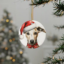 DistinctInk Hanging Ceramic Christmas Tree Ornament with Gold String - Great Gift/Present - 2 3/4 inch Diameter - Whippet Puppy Drawing Design