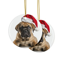 DistinctInk Hanging Ceramic Christmas Tree Ornament with Gold String - Great Gift/Present - 2 3/4 inch Diameter - Boerboel Puppy Design