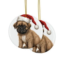 DistinctInk Hanging Ceramic Christmas Tree Ornament with Gold String - Great Gift/Present - 2 3/4 inch Diameter - Brussel Griffon Puppy Drawing Design