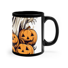 DistinctInk Black Coffee Mug - Ghostly Skeleton and Pumpkins for Halloween