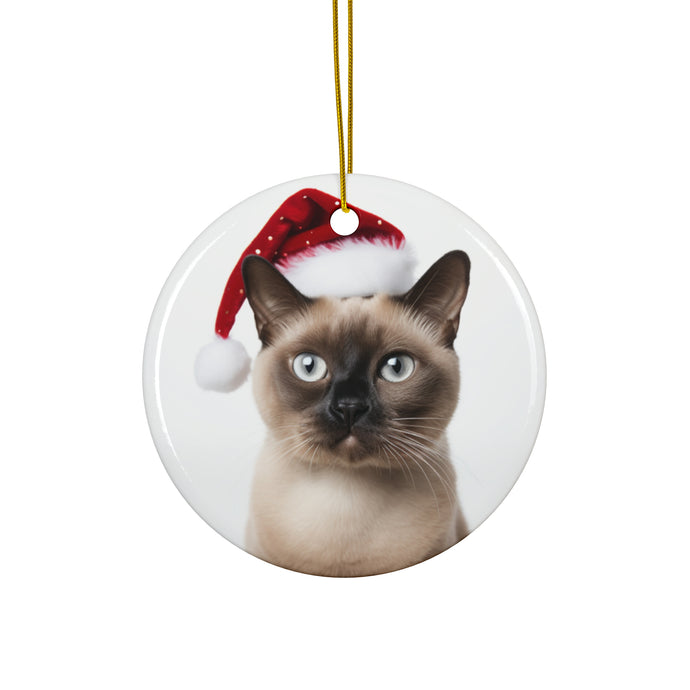 DistinctInk Hanging Ceramic Christmas Tree Ornament with Gold String - Great Gift/Present - 2 3/4 inch Diameter - Burmese Cat Design