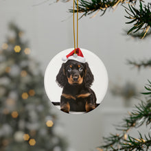 DistinctInk Hanging Ceramic Christmas Tree Ornament with Gold String - Great Gift/Present - 2 3/4 inch Diameter - Gordon Setter Puppy Design