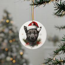 DistinctInk Hanging Ceramic Christmas Tree Ornament with Gold String - Great Gift/Present - 2 3/4 inch Diameter - Norwegian Elkhound Puppy Drawing Design