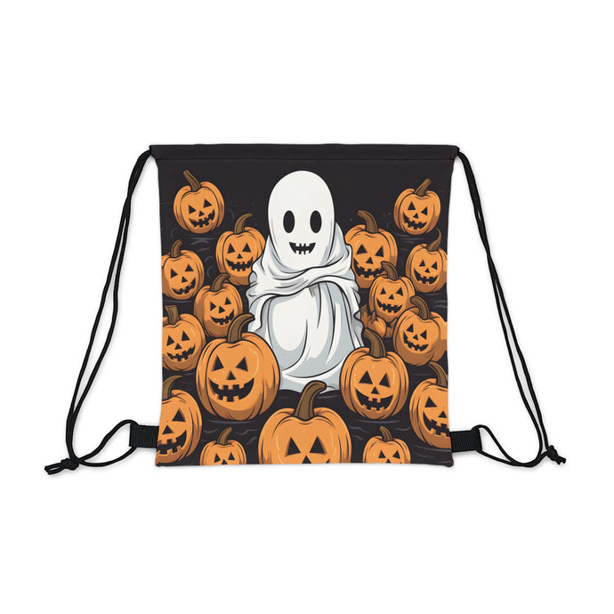DistinctInk Drawstring Bag / Backpack with Skeletal Ghostly Pumpkin Patch Design for Halloween