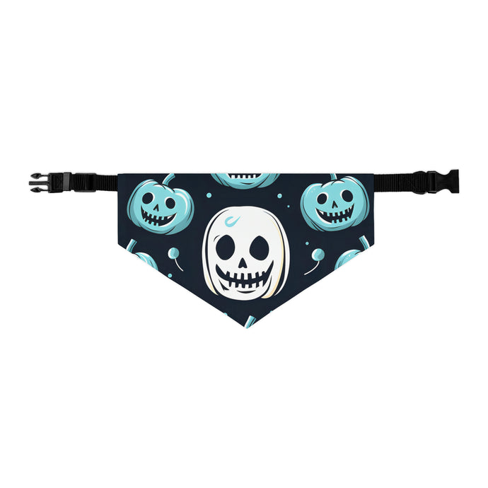 DistinctInk Adjustable Pet Banana Collar with Skele-Ghostly Pumpkin Patch Design for Halloween