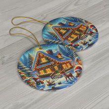 DistinctInk Hanging Ceramic Christmas Tree Ornament Charm with Gold String - Great Gift/Present - 2 3/4 inch Diameter - Enchanted Winter Cottage