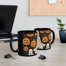 DistinctInk Black Coffee Mug - Ghost Skeleton Pumpkin Pattern for Halloween