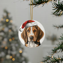 DistinctInk Hanging Ceramic Christmas Tree Ornament with Gold String - Great Gift/Present - 2 3/4 inch Diameter - American English Coonhound Puppy Drawing Design