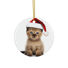 DistinctInk Hanging Ceramic Christmas Tree Ornament with Gold String - Great Gift/Present - 2 3/4 inch Diameter - Havana Brown Kitten Design