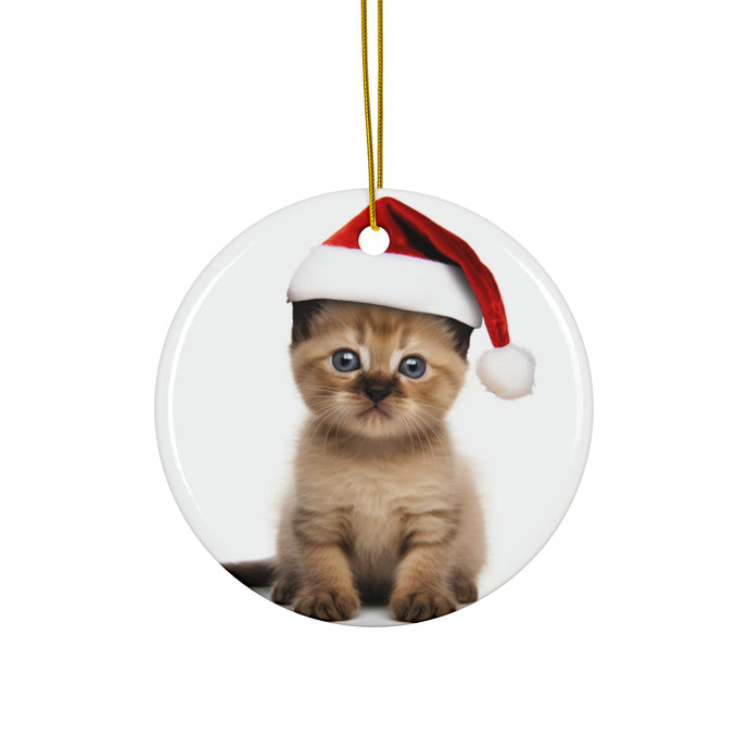 DistinctInk Hanging Ceramic Christmas Tree Ornament with Gold String - Great Gift/Present - 2 3/4 inch Diameter - Havana Brown Kitten Design
