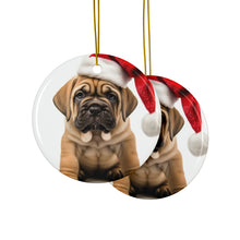 DistinctInk Hanging Ceramic Christmas Tree Ornament with Gold String - Great Gift/Present - 2 3/4 inch Diameter - Mastiff Puppy Design