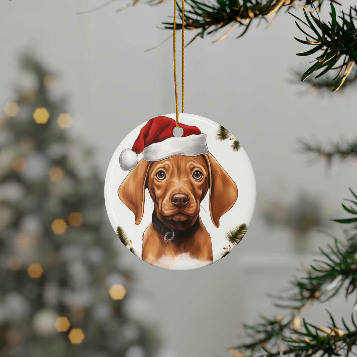 Hanging Ceramic Christmas Tree Ornament with Gold String - Vizsla Puppy Drawing Design, view 3