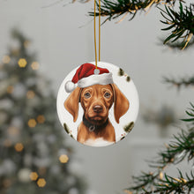 DistinctInk Hanging Ceramic Christmas Tree Ornament with Gold String - Great Gift/Present - 2 3/4 inch Diameter - Vizsla Puppy Drawing Design