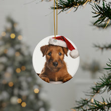 DistinctInk Hanging Ceramic Christmas Tree Ornament with Gold String - Great Gift/Present - 2 3/4 inch Diameter - Irish Terrier Puppy Design