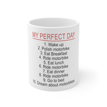 DistinctInk Glossy White Coffee / Tea Mug - My Perfect Day - Motorbike Motorcycle
