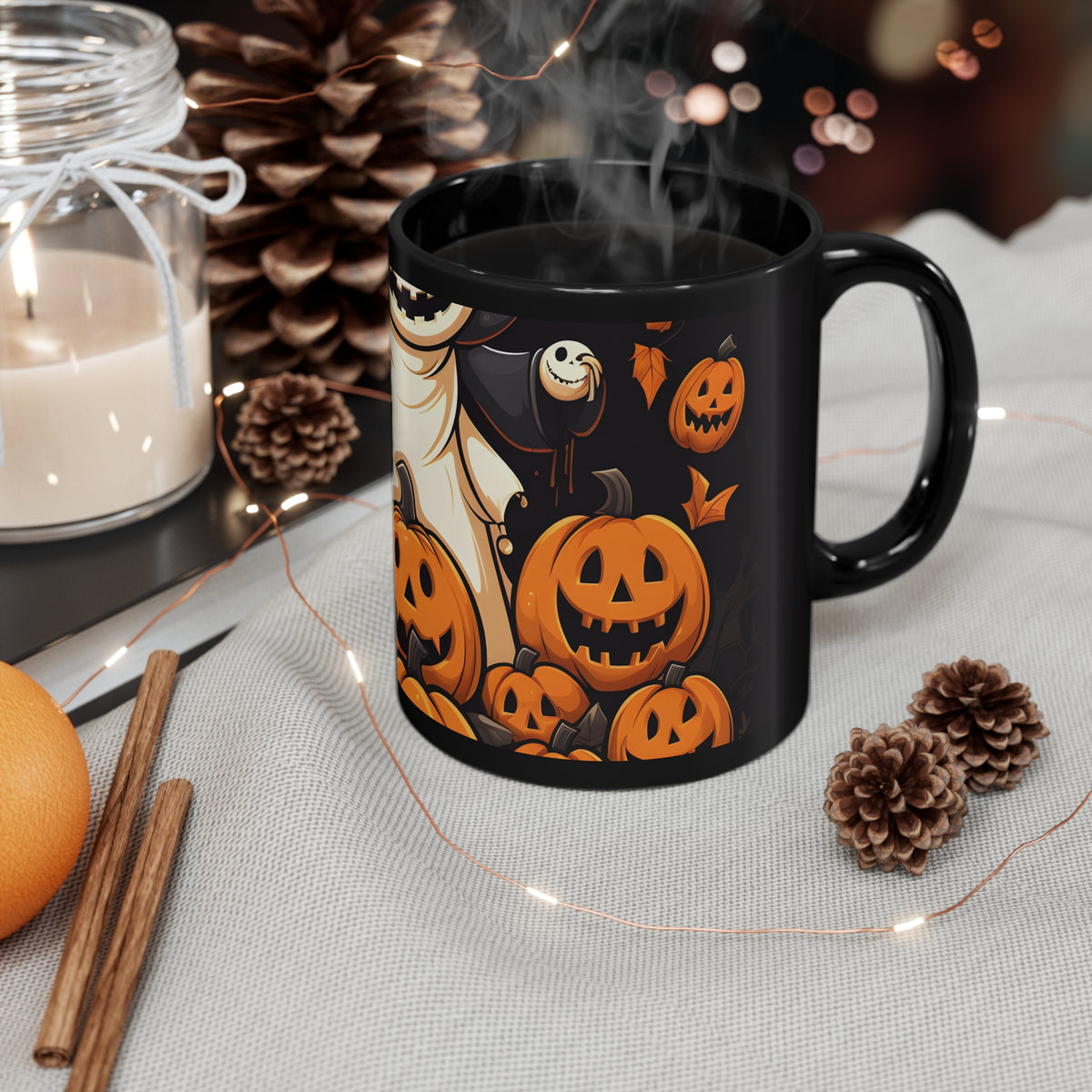 Black Coffee Mug - Spooky Skeleton Pumpkin Patch for Halloween, view 4