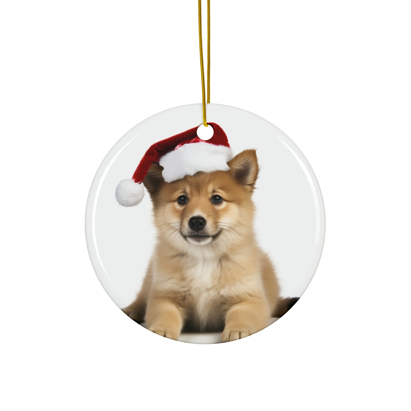 DistinctInk Hanging Ceramic Christmas Tree Ornament with Gold String - Great Gift/Present - 2 3/4 inch Diameter - Icelandic Sheepdog Puppy Design