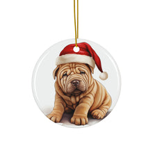 DistinctInk Hanging Ceramic Christmas Tree Ornament with Gold String - Great Gift/Present - 2 3/4 inch Diameter - Chinese Shar-Pei Puppy Drawing Design