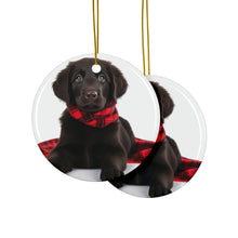DistinctInk Hanging Ceramic Christmas Tree Ornament with Gold String - Great Gift/Present - 2 3/4 inch Diameter - Flat-Coated Retriever Puppy Design