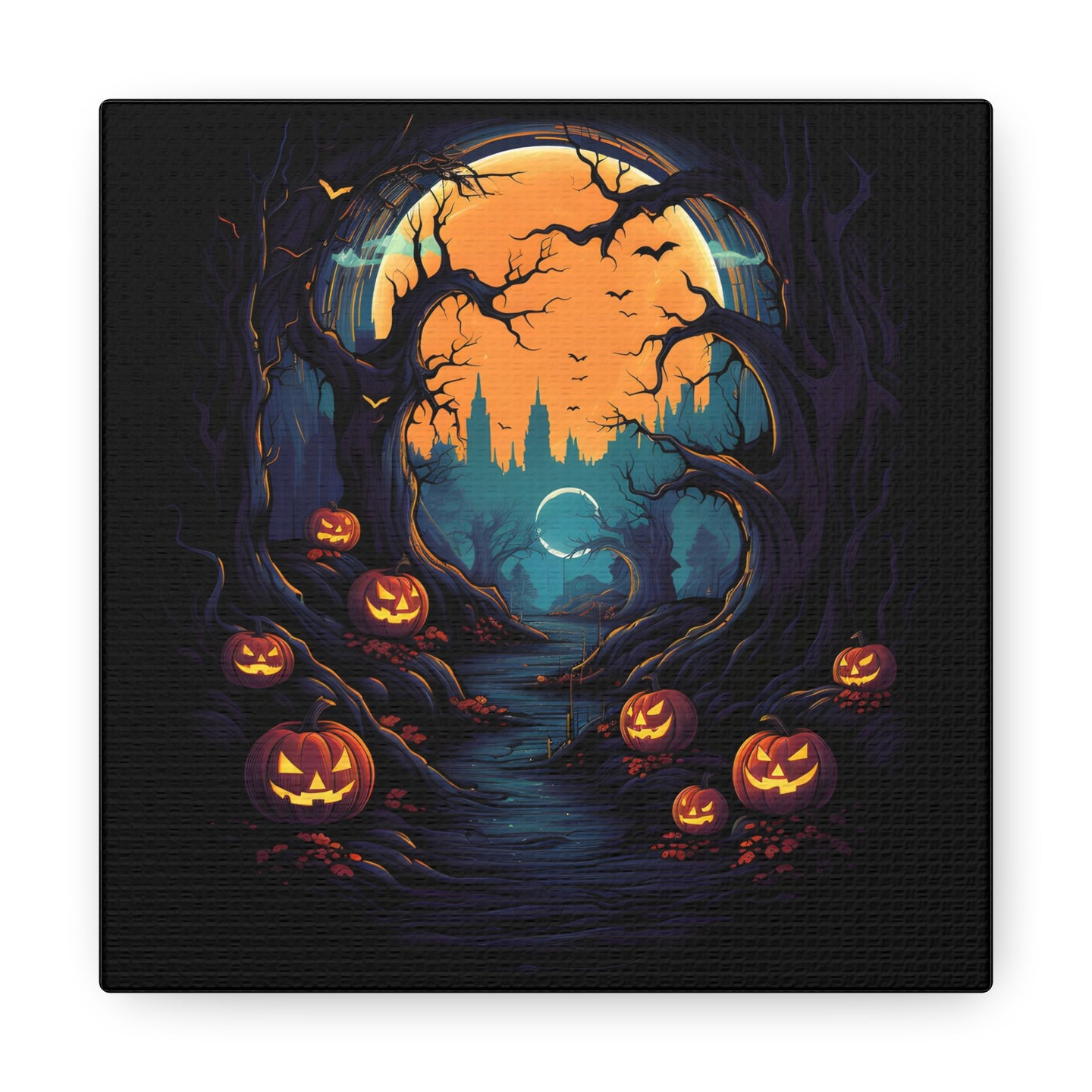 DistinctInk Canvas Wall Art with Haunted Evening Nightmare for Halloween