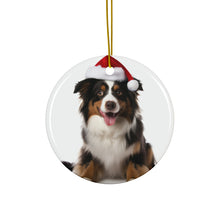 DistinctInk Hanging Ceramic Christmas Tree Ornament with Gold String - Great Gift/Present - 2 3/4 inch Diameter - Miniature American Shepherd Design
