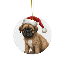 DistinctInk Hanging Ceramic Christmas Tree Ornament with Gold String - Great Gift/Present - 2 3/4 inch Diameter - Brussel Griffon Puppy Drawing Design