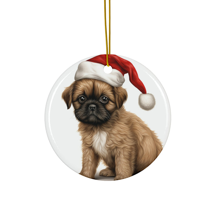 DistinctInk Hanging Ceramic Christmas Tree Ornament with Gold String - Great Gift/Present - 2 3/4 inch Diameter - Brussel Griffon Puppy Drawing Design