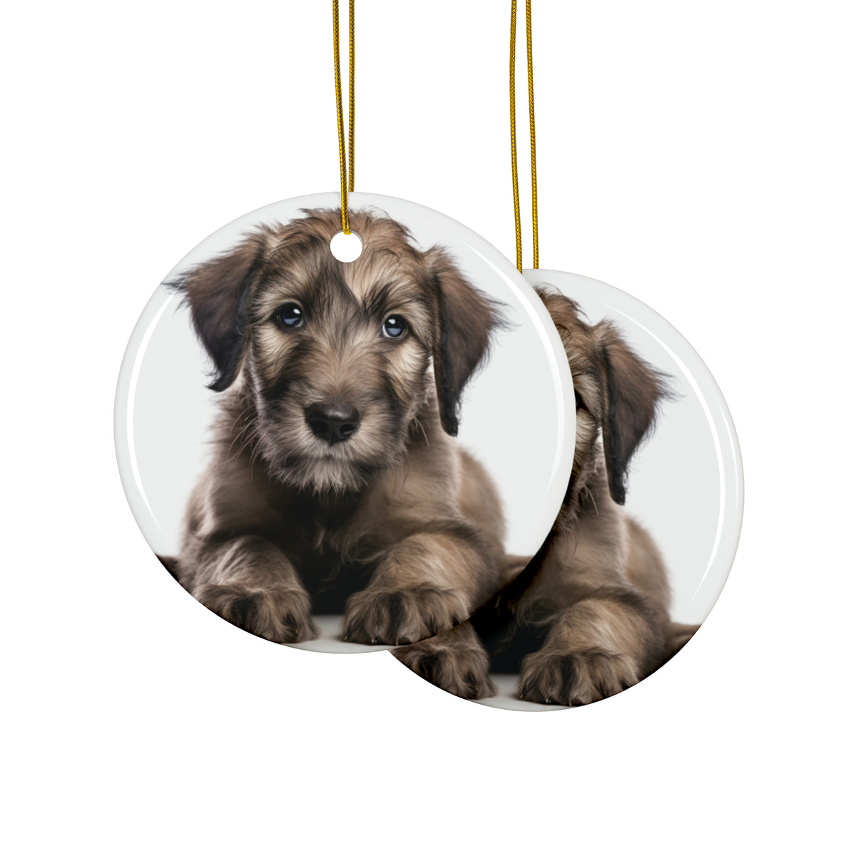 Hanging Ceramic Christmas Tree Ornament with Gold String - Irish Wolfhound Puppy Design, view 2