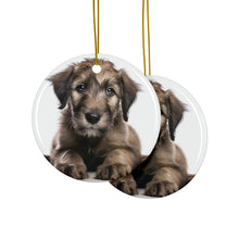 DistinctInk Hanging Ceramic Christmas Tree Ornament with Gold String - Great Gift/Present - 2 3/4 inch Diameter - Irish Wolfhound Puppy Design