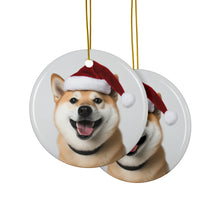 DistinctInk Hanging Ceramic Christmas Tree Ornament with Gold String - Great Gift/Present - 2 3/4 inch Diameter - Shiba Inu Design