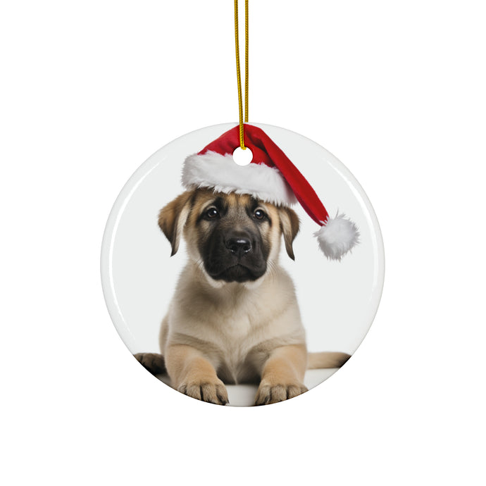 DistinctInk Hanging Ceramic Christmas Tree Ornament with Gold String - Great Gift/Present - 2 3/4 inch Diameter - Anatolian Shepherd Dog Puppy Design