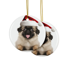 DistinctInk Hanging Ceramic Christmas Tree Ornament with Gold String - Great Gift/Present - 2 3/4 inch Diameter - Tibetan Spaniel Puppy Design