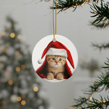DistinctInk Hanging Ceramic Christmas Tree Ornament with Gold String - Great Gift/Present - 2 3/4 inch Diameter - OciKitten Kitten Design