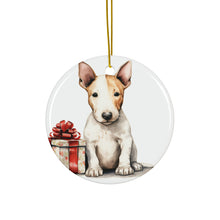 DistinctInk Hanging Ceramic Christmas Tree Ornament with Gold String - Great Gift/Present - 2 3/4 inch Diameter - Miniature Bull Terrier Puppy Drawing Design