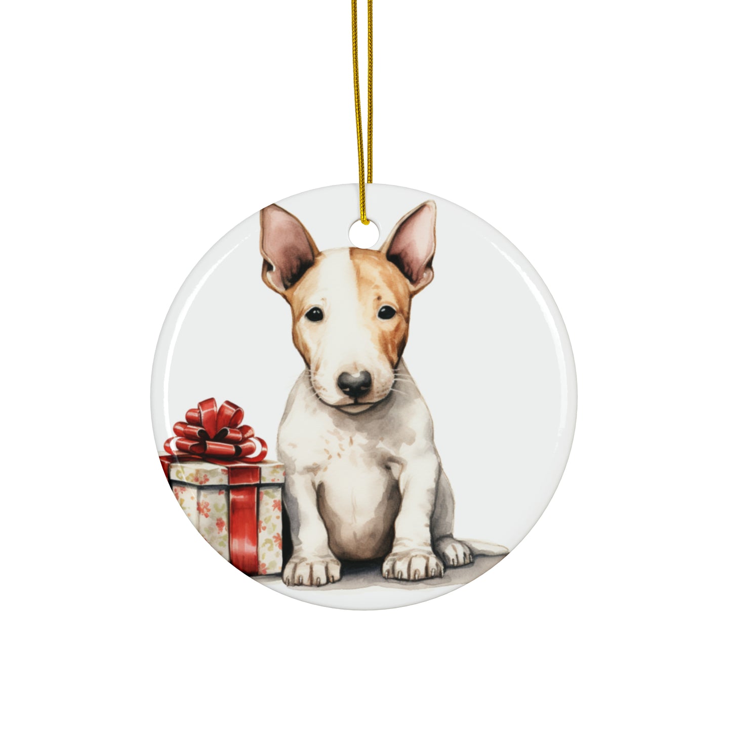DistinctInk Hanging Ceramic Christmas Tree Ornament with Gold String - Great Gift/Present - 2 3/4 inch Diameter - Miniature Bull Terrier Puppy Drawing Design
