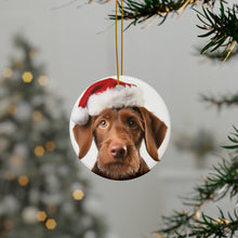 DistinctInk Hanging Ceramic Christmas Tree Ornament with Gold String - Great Gift/Present - 2 3/4 inch Diameter - Wirehaired Vizsla Puppy Design