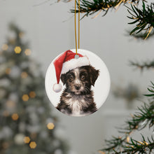 DistinctInk Hanging Ceramic Christmas Tree Ornament with Gold String - Great Gift/Present - 2 3/4 inch Diameter - Mudi Puppy Drawing Design