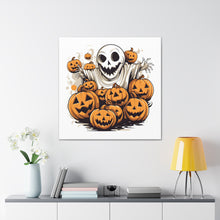 DistinctInk Canvas Wall Art with Ghostly Skeleton and Pumpkins for Halloween
