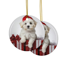 DistinctInk Hanging Ceramic Christmas Tree Ornament with Gold String - Great Gift/Present - 2 3/4 inch Diameter - Coton de Tulear Puppy Design