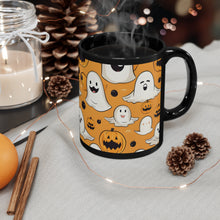 DistinctInk Black Coffee Mug - Ghoulish Bats and Pumpkins for Halloween