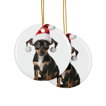 DistinctInk Hanging Ceramic Christmas Tree Ornament with Gold String - Great Gift/Present - 2 3/4 inch Diameter - Rat Terrier Puppy Design